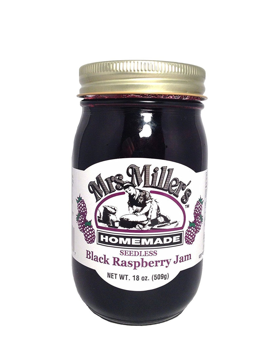Mrs. Miller's seedless black raspberry jam bottle with smooth, ready-to-spread texture.