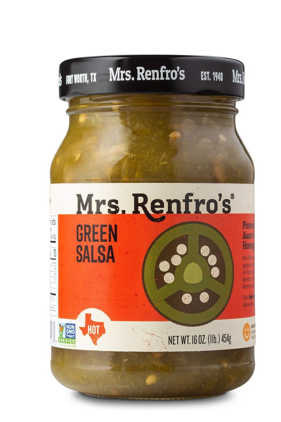 Mrs. Renfro's Green Salsa jar front with bold jalapeño flavor ideal for snacking