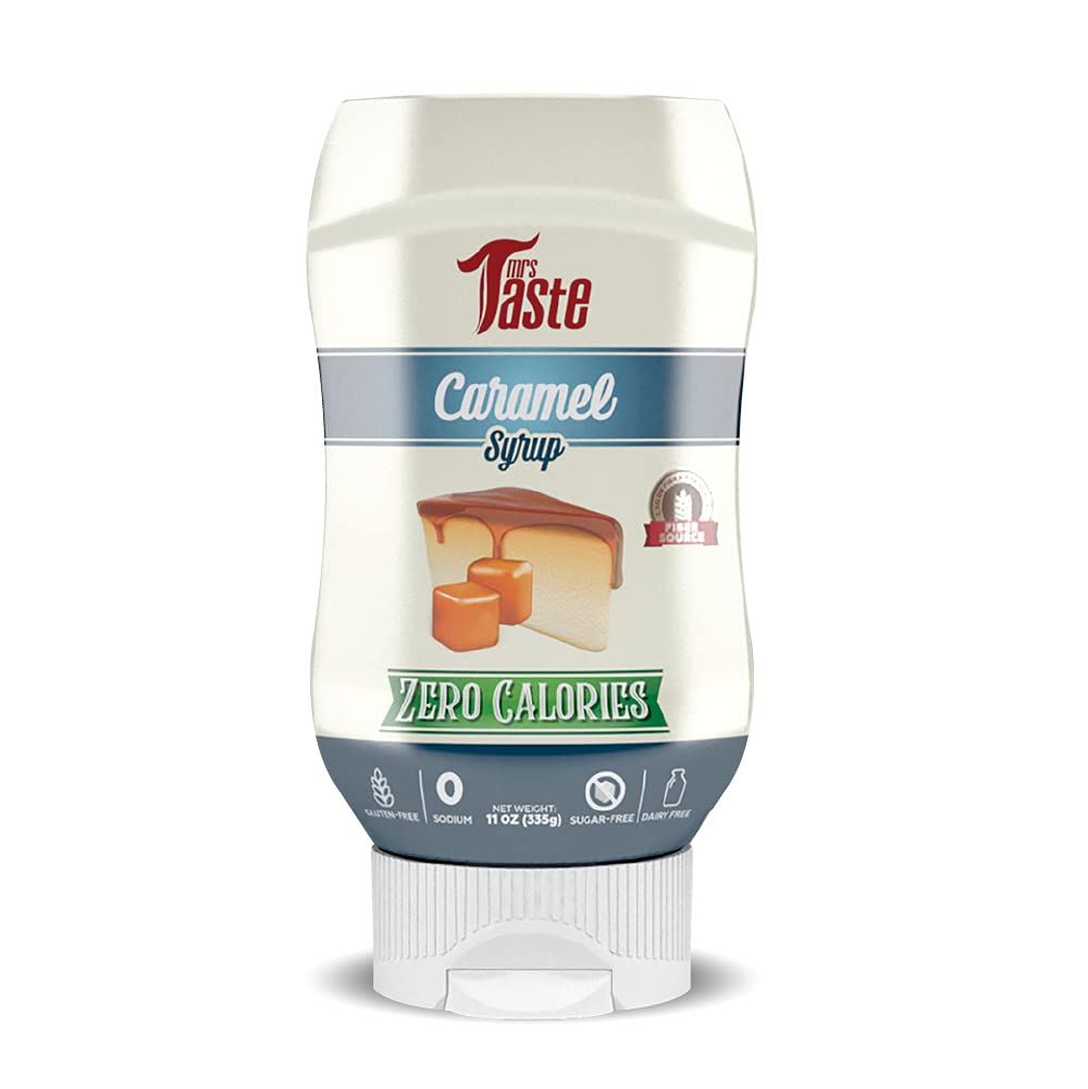 Mrs Taste Sugar Free Caramel Syrup bottle highlights zero calories for guilt-free toppings