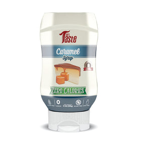Mrs Taste Sugar Free Caramel Syrup bottle highlights zero calories for guilt-free toppings