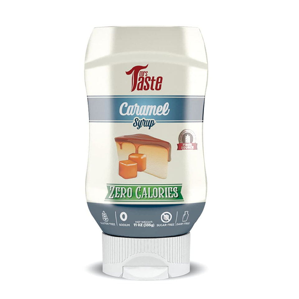 Mrs Taste Sugar Free Caramel Syrup bottle highlights zero calories for guilt-free toppings
