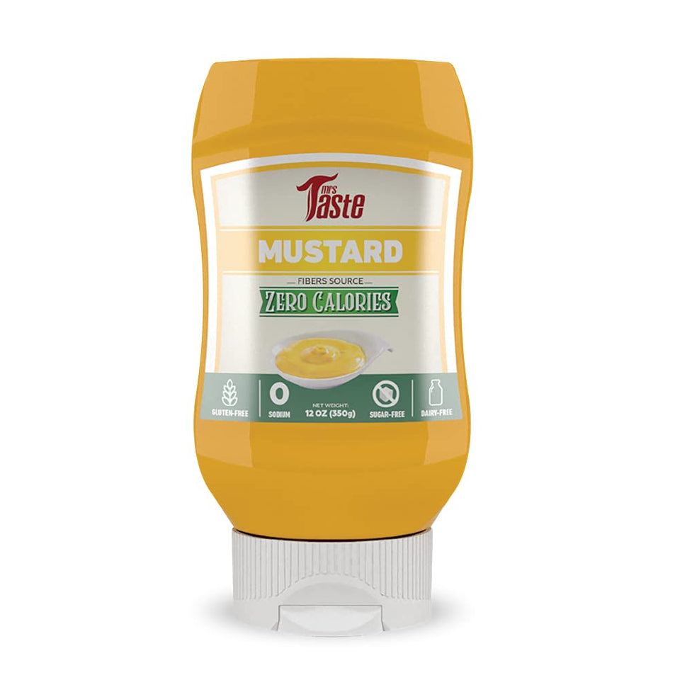 Mrs Taste Sugar Free Mustard bottle showcases zero calories and keto-friendly flavor.