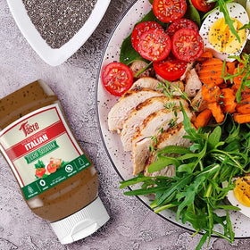 Mrs Taste Sugar Free Onion & Garlic Dressing on grilled chicken for a flavorful meal.