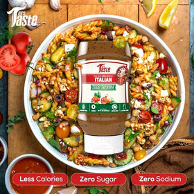 Mrs Taste Sugar Free Onion & Garlic Dressing on greens with bold Italian notes.