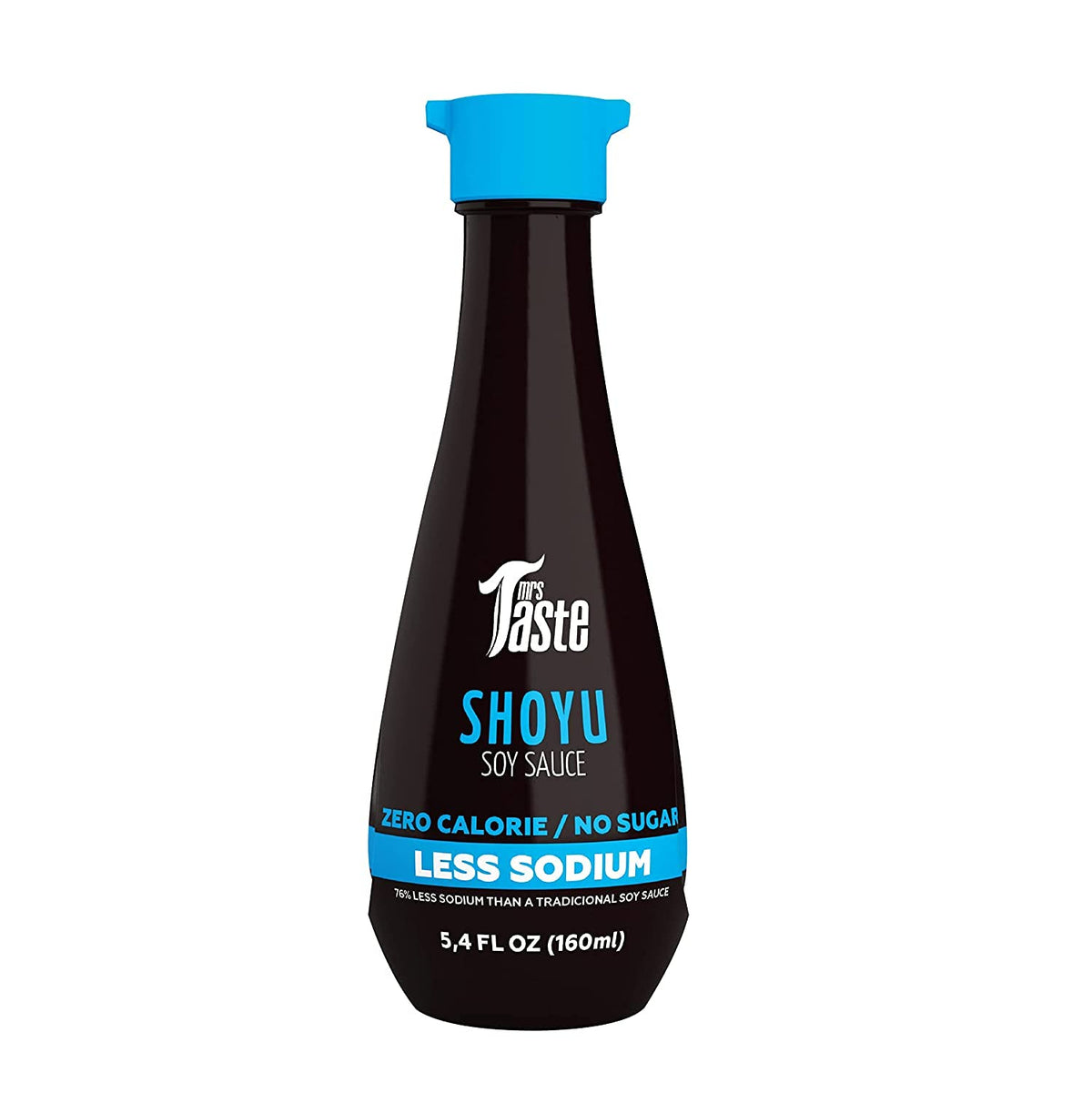 Mrs Taste Sugar Free Soy Sauce bottle pouring for savory flavor with zero sugar.