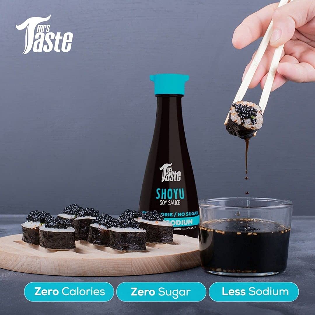 Mrs Taste Sugar Free Soy Sauce dipping plate scene emphasizing low-sodium, rich umami.