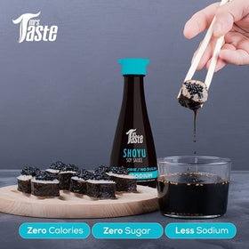 Mrs Taste Sugar Free Soy Sauce dipping plate scene emphasizing low-sodium, rich umami.