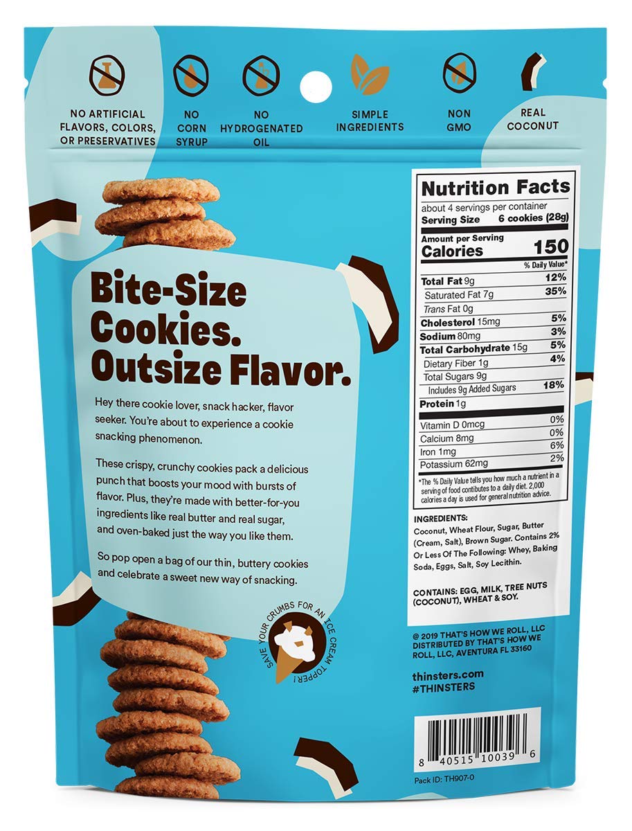 Mrs. Thinsters toasted coconut thins closeup — crispy texture and coconut aroma.