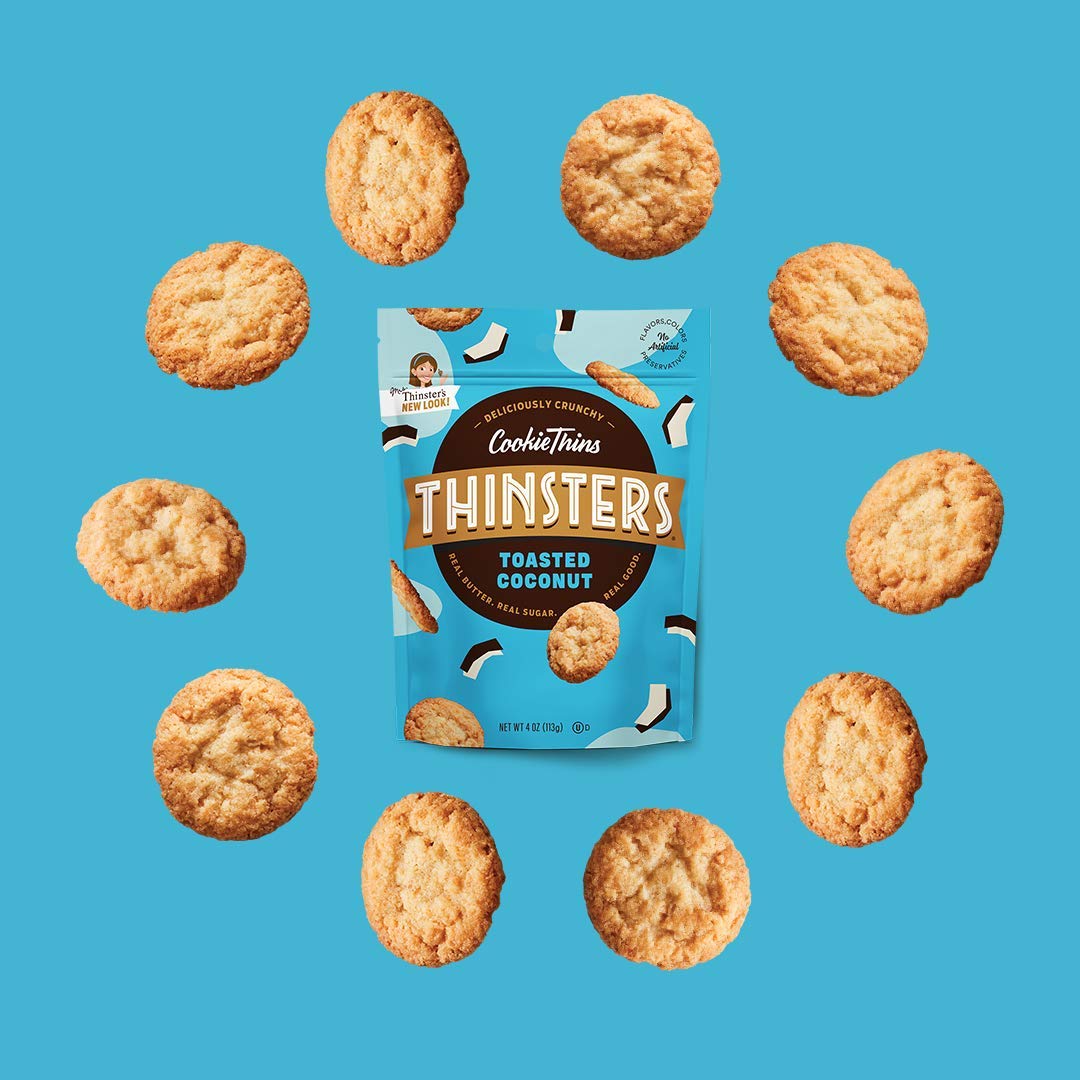 Mrs. Thinsters toasted coconut thins ingredient panel — non GMO and simple ingredients.