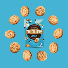 Mrs. Thinsters toasted coconut thins ingredient panel — non GMO and simple ingredients.