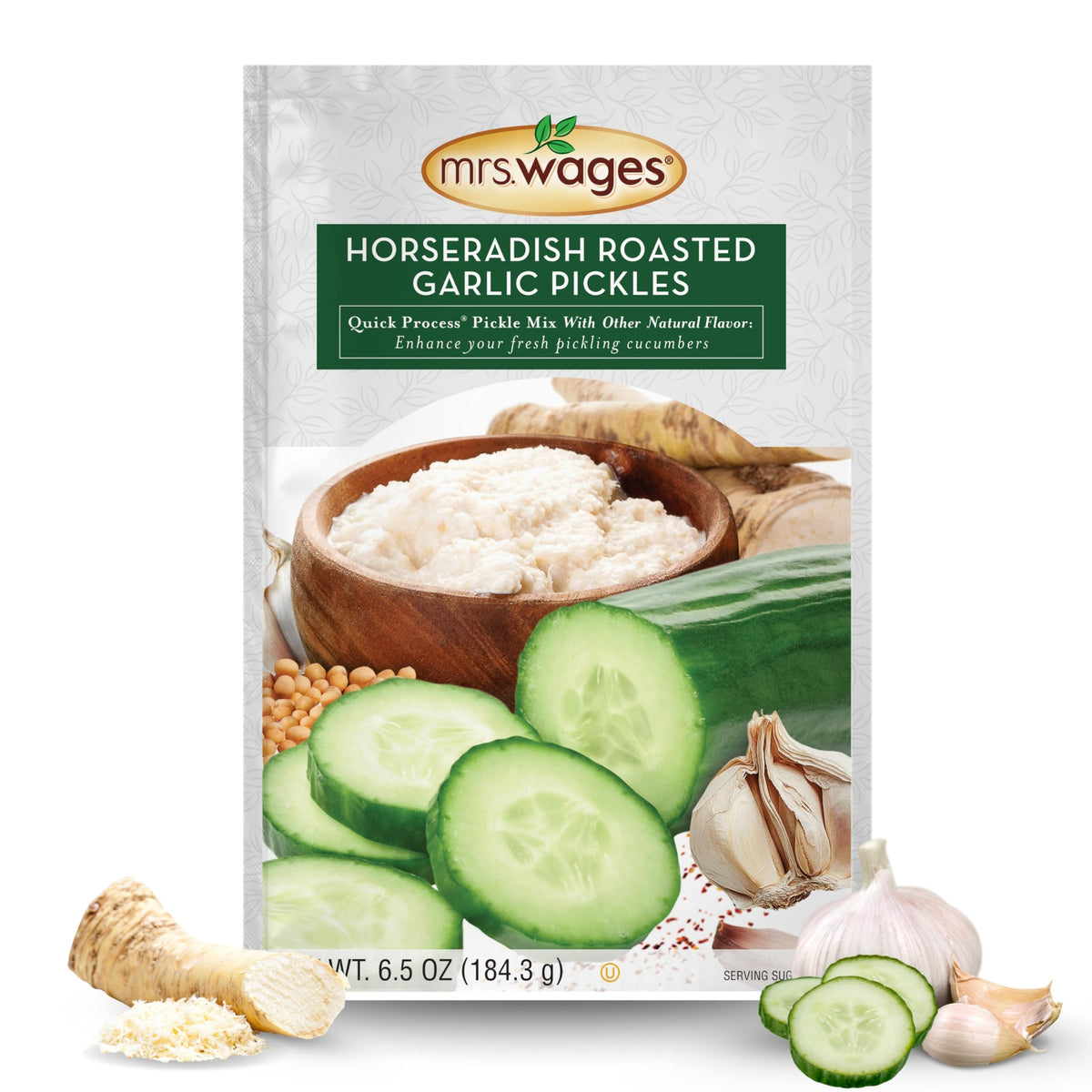 Mrs. Wages horseradish roasted garlic pickle mix front pack ready for pickling.
