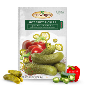 Mrs. Wages Hot Spicy Pickles Quick Process Mix packaging, convenient for easy canning prep.