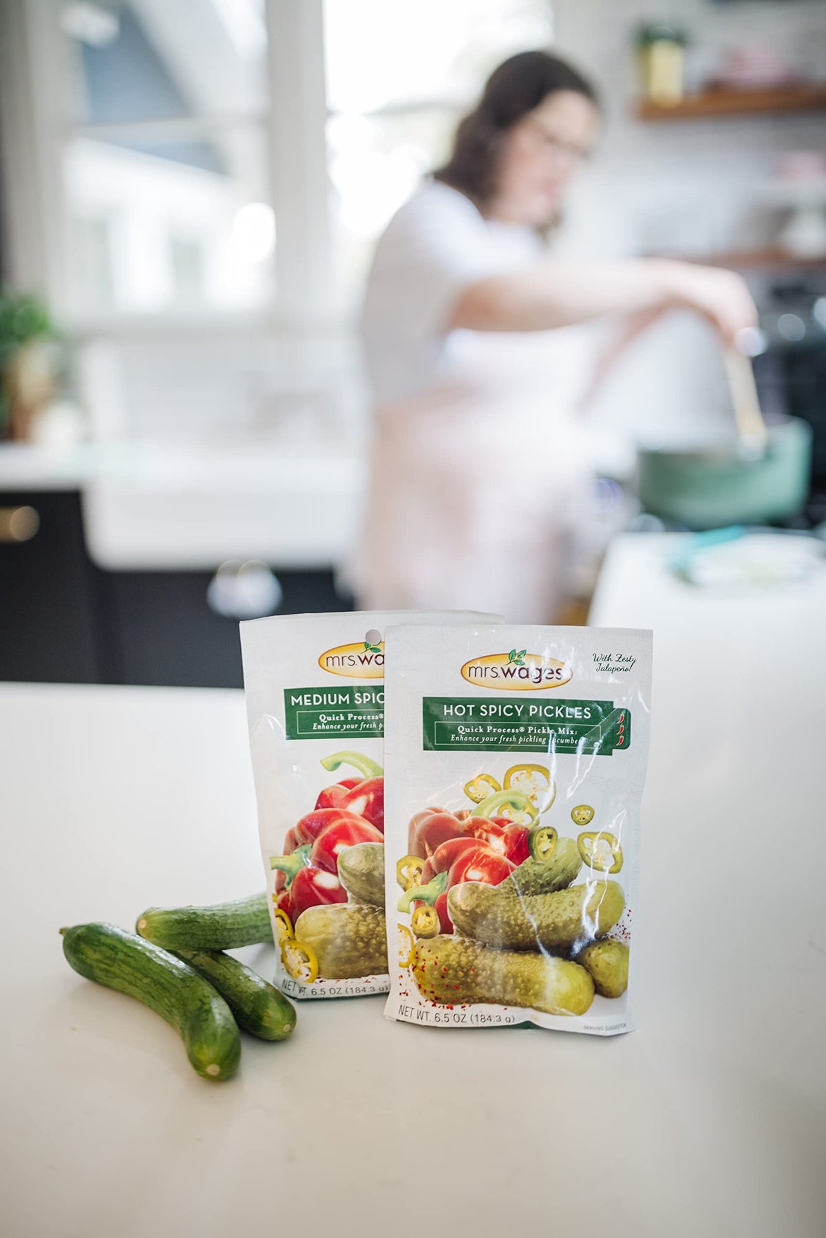 Mrs. Wages Hot Spicy Pickles Quick Process Mix ready-to-eat snack with kick and flavor.