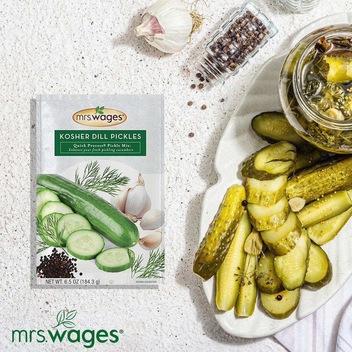 Mrs. Wages Kosher Dill Pickles canning setup with vinegar and water steps