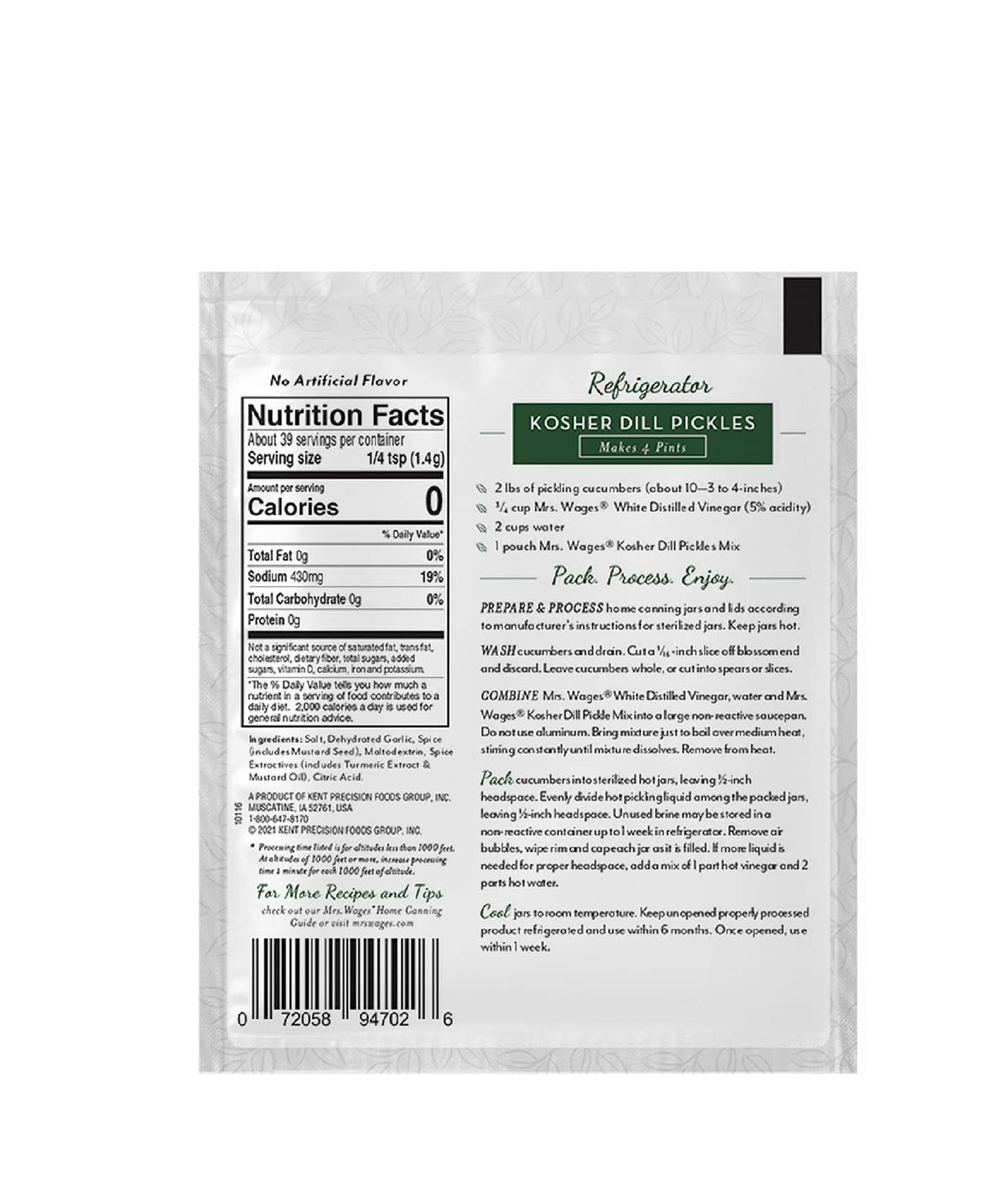 Mrs. Wages Kosher Dill Mix ingredients; flavorful herb blend for crisp refrigerator pickles.