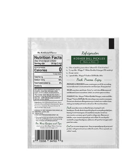 Mrs. Wages Kosher Dill Mix ingredients; flavorful herb blend for crisp refrigerator pickles.