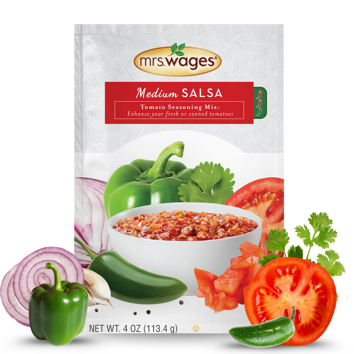 Mrs. Wages medium salsa mix pouch ready to flavor homemade salsa.