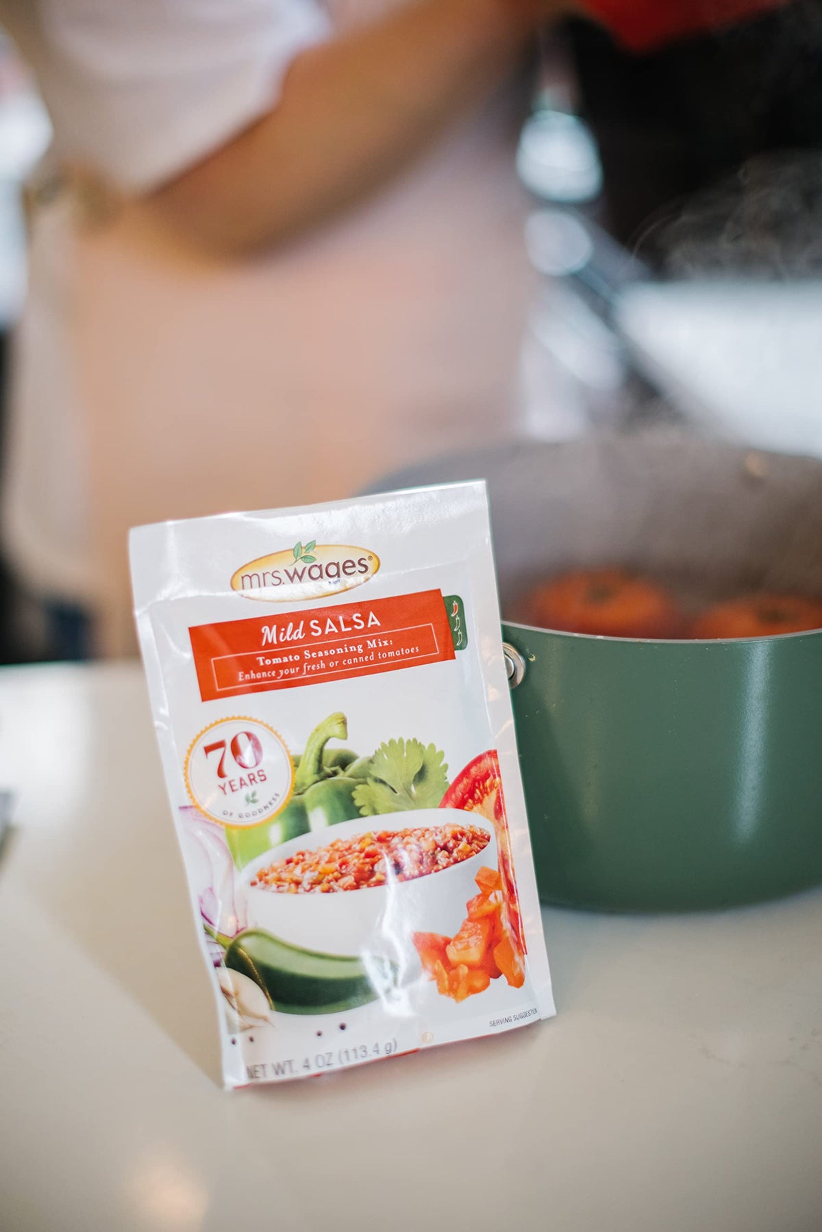 Mrs. Wages Mild Salsa Mix pouch back with simple canning guidance.