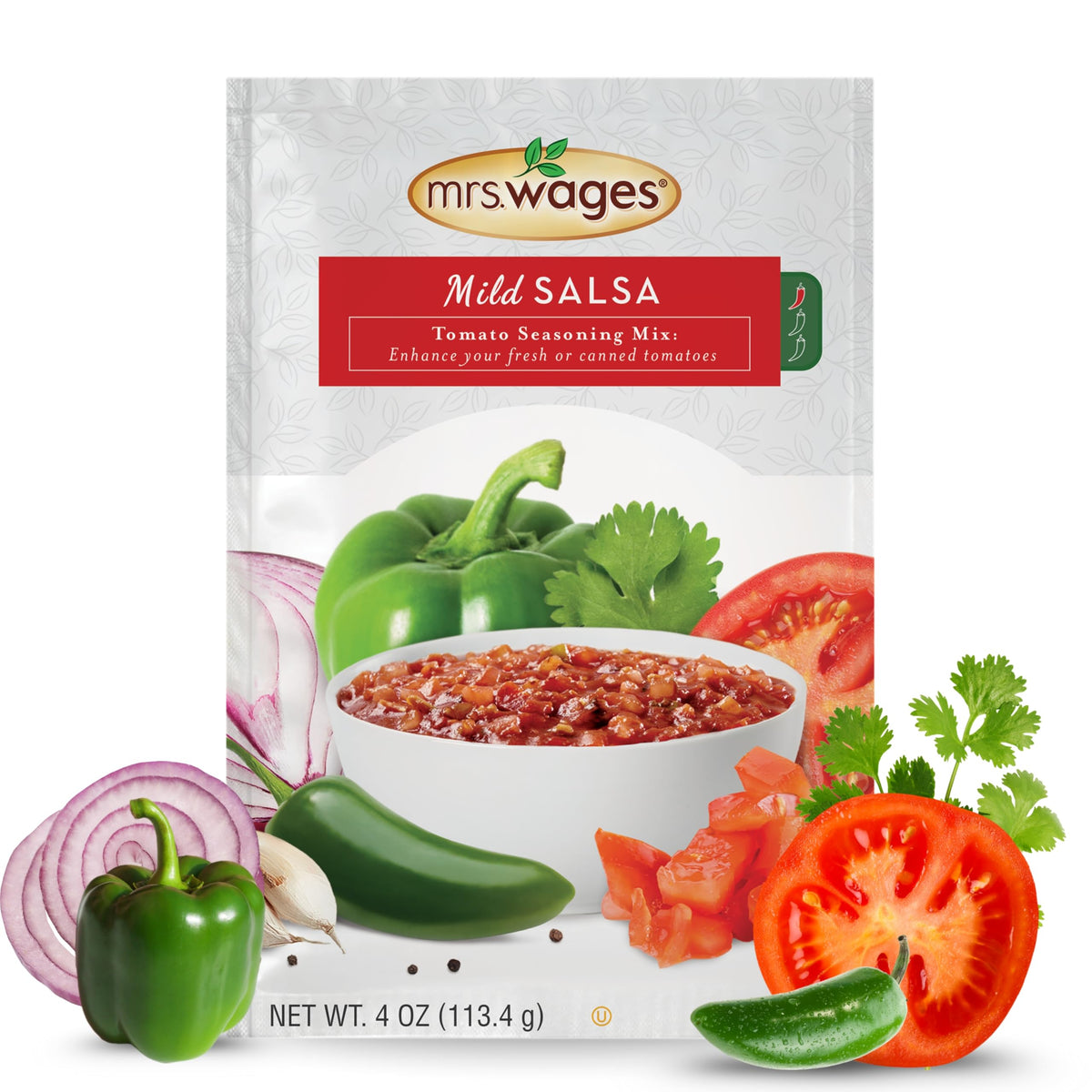 Mrs. Wages Mild Salsa Mix pouch front for quick salsa preparation.