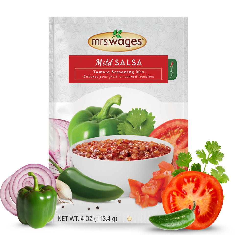 Mrs. Wages Mild Salsa Mix pouch front for quick salsa preparation.