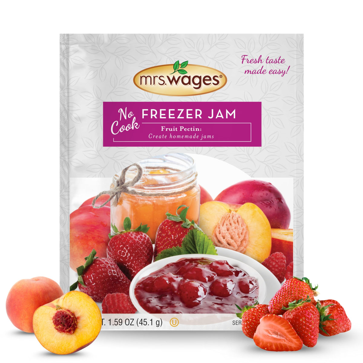 Mrs. Wages No Cook Freezer Jam packet close-up for quick, no-heat jams