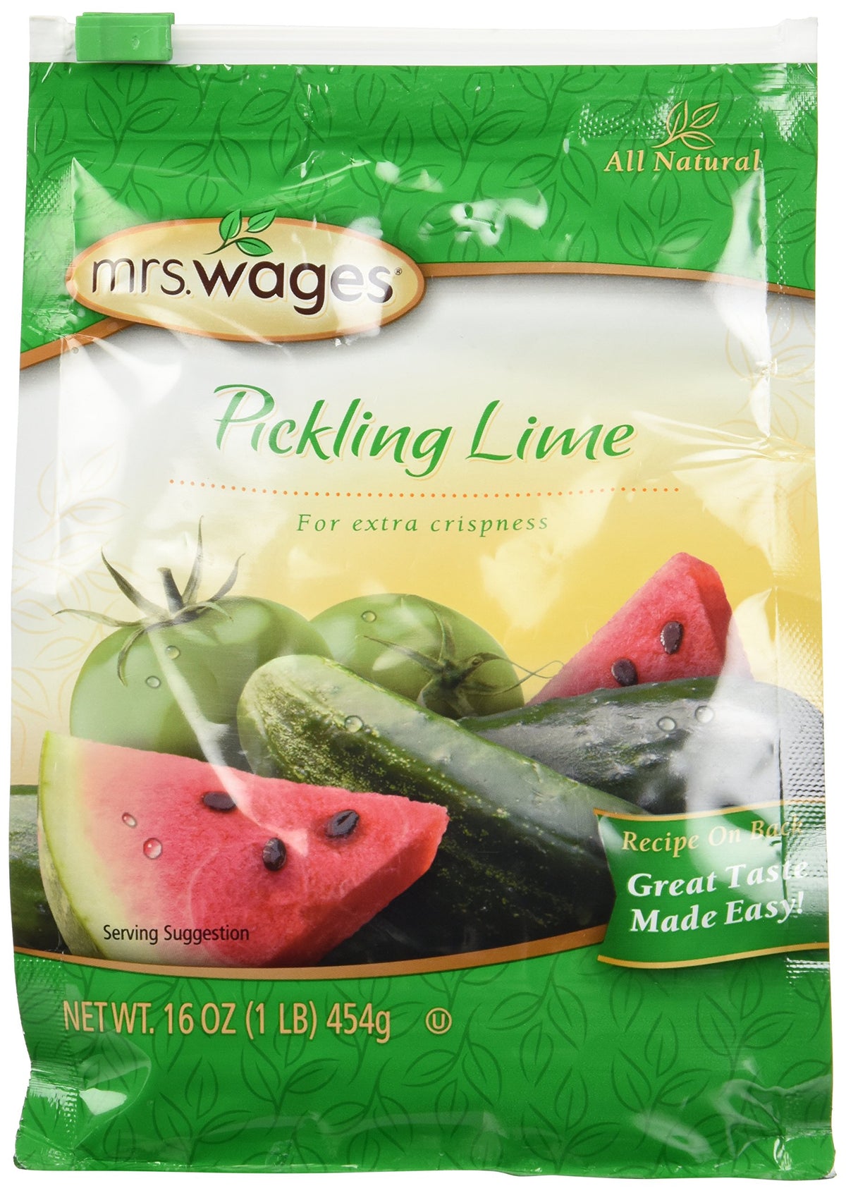 Mrs Wages Pickling Lime bag for crisp cucumber pickles.