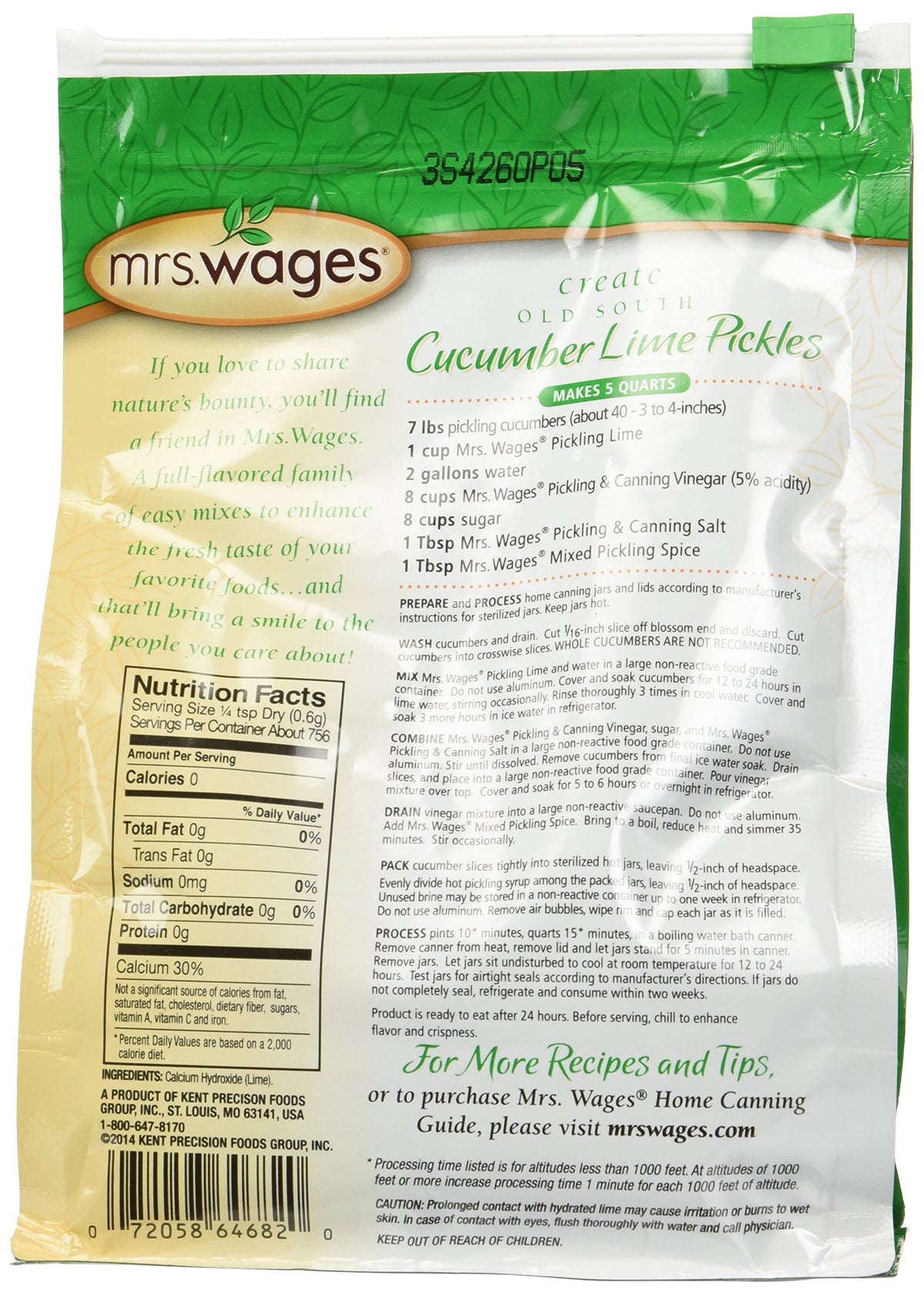 Mrs Wages Pickling Lime label with easy bag recipes.