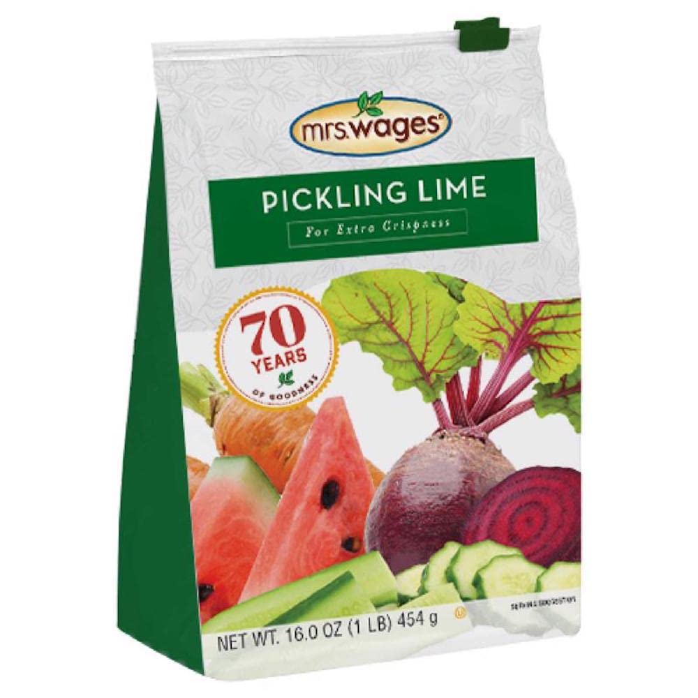Mrs. Wages Pickling Lime Pack of 3 on pantry shelf for old-fashioned pickling.