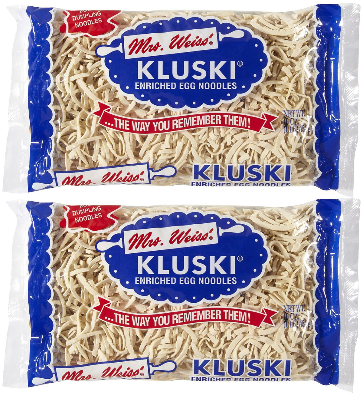 Mrs. Weiss Kluski Egg Dumpling two-pack on stove, ideal for quick soups and comforting meals.