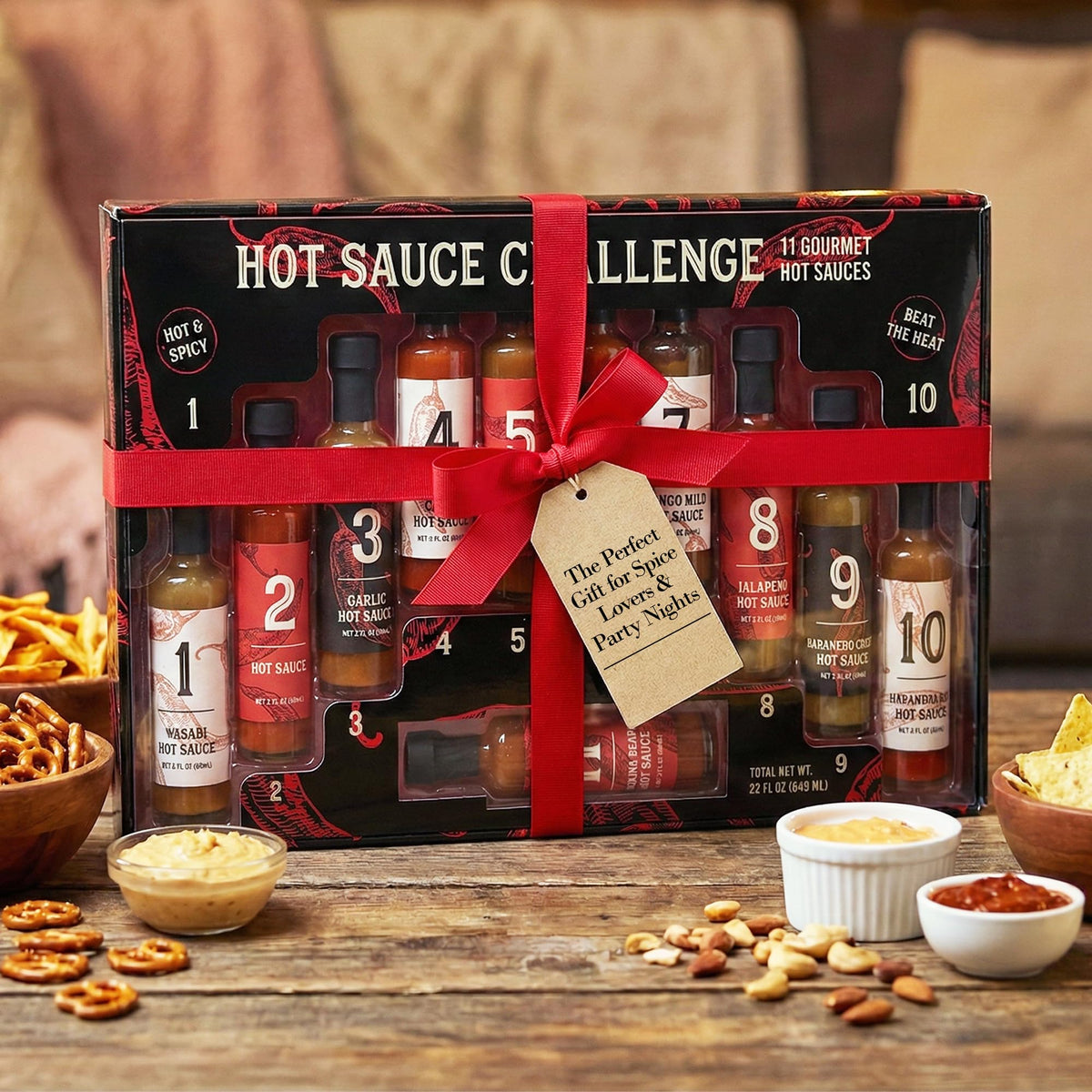 MSRF 11 bottle hot sauce display highlighting diverse heat levels