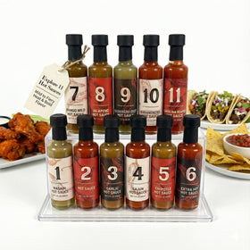MSRF 11 bottle hot sauce variety pack packaging for tasting challenges