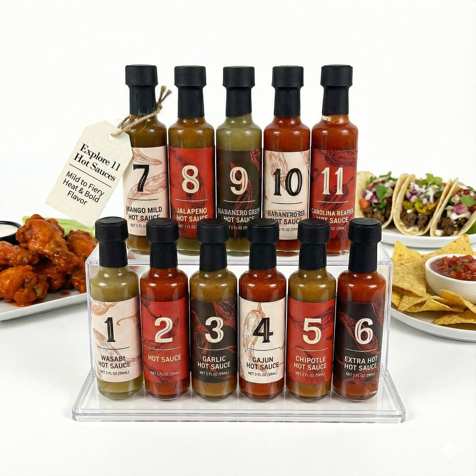 MSRF 11 bottle hot sauce variety pack packaging for tasting challenges