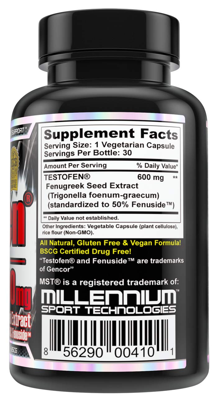 MST Testofen bottle label close-up with 600 mg per serving