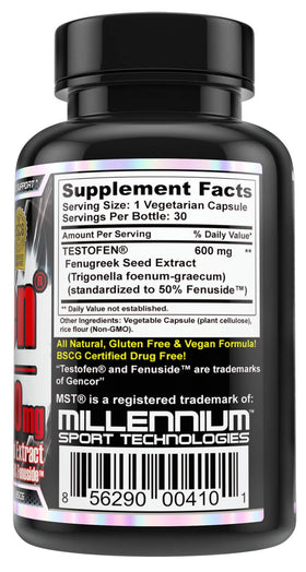 MST Testofen bottle label close-up with 600 mg per serving