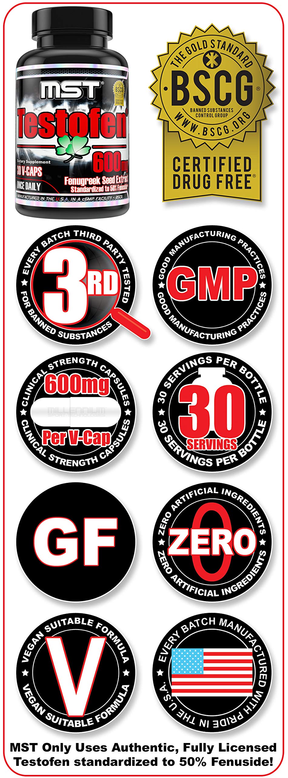 MST Testofen bottle back label with BSCG certification details