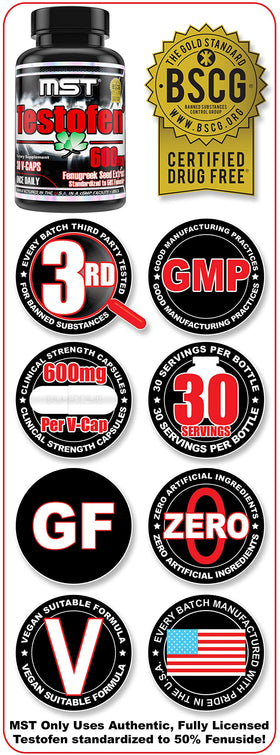 MST Testofen bottle back label with BSCG certification details