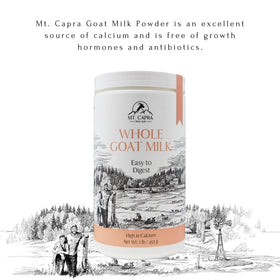 Mt Capra goat milk powder bottle closeup highlighting natural ingredients and simple use.