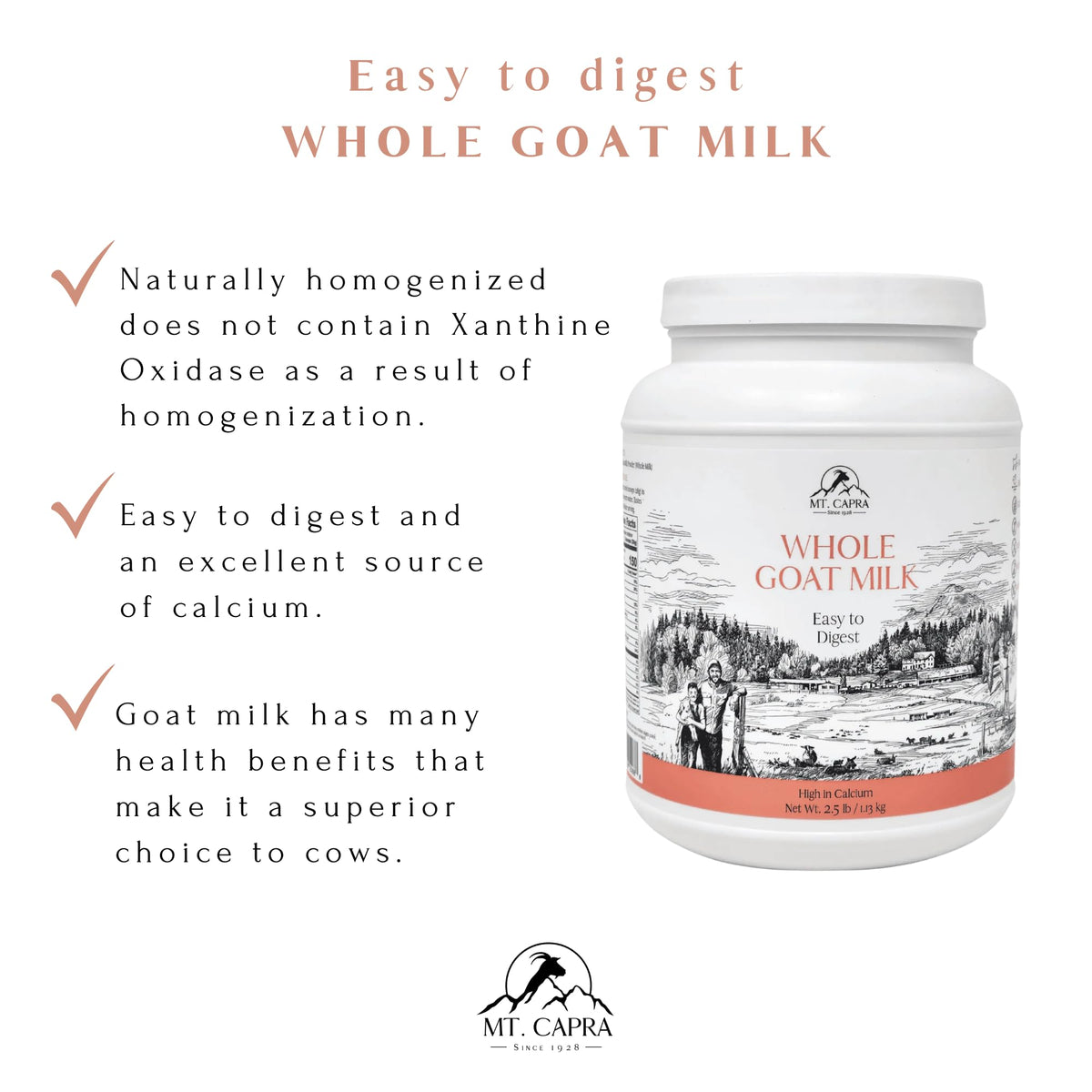 Mt. Capra ingredients label highlights 100% goat milk, non-GMO content