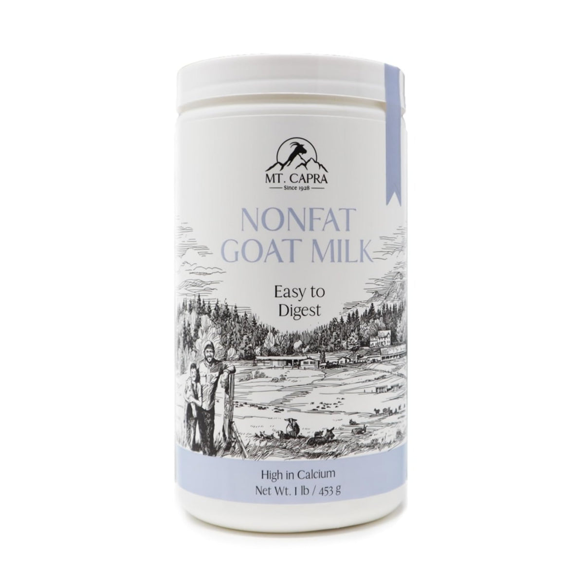 Mt. Capra Non-Fat Goat Milk Powder package front, highlighting grass-fed origin and purity.