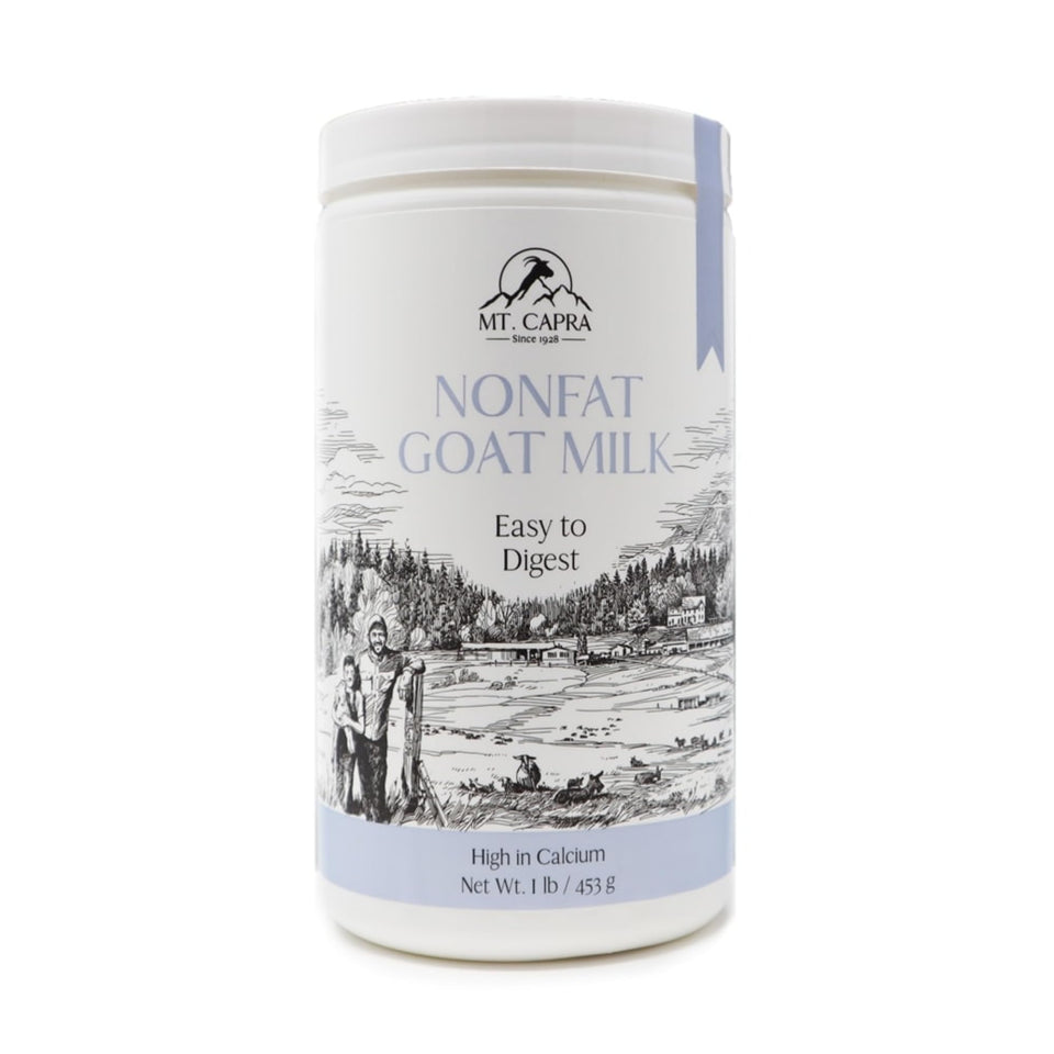 Mt. Capra Non-Fat Goat Milk Powder package front, highlighting grass-fed origin and purity.