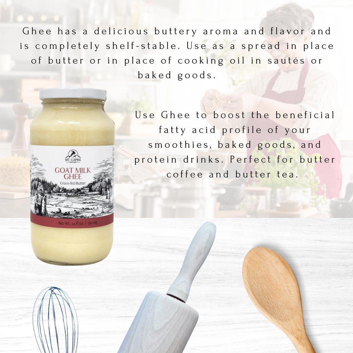 Mt. Capra unsalted ghee bottle stays shelf-stable and convenient