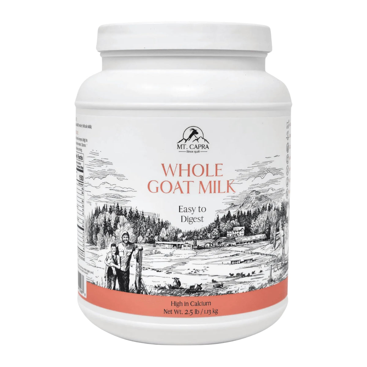 Mt. Capra whole goat milk powder canister showing creamy, easy-to-digest nutrition