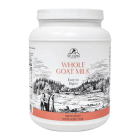 Mt. Capra whole goat milk powder canister showing creamy, easy-to-digest nutrition