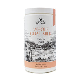 Mt Capra Whole Goat Milk Powder packaging showcases premium, non-GMO, grass-fed nutrition.