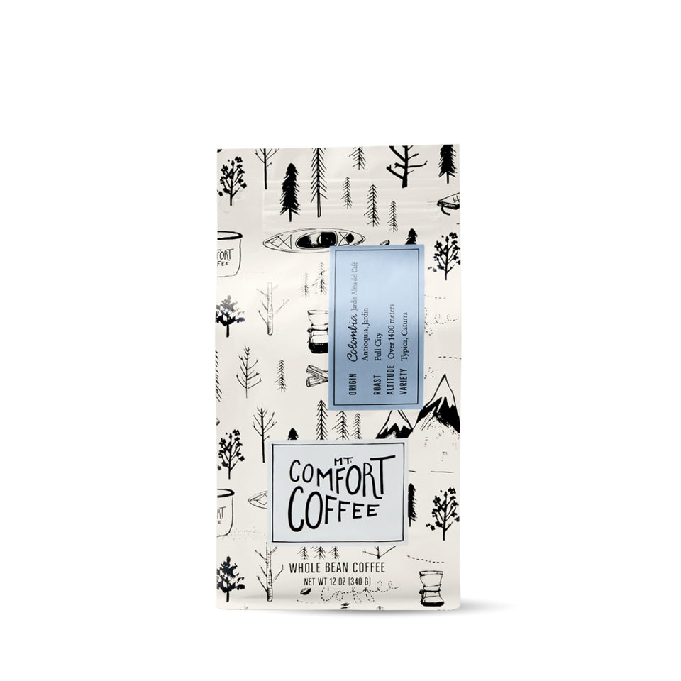 Mt Comfort Coffee Colombia Full City Roast packaging signals premium daily ritual