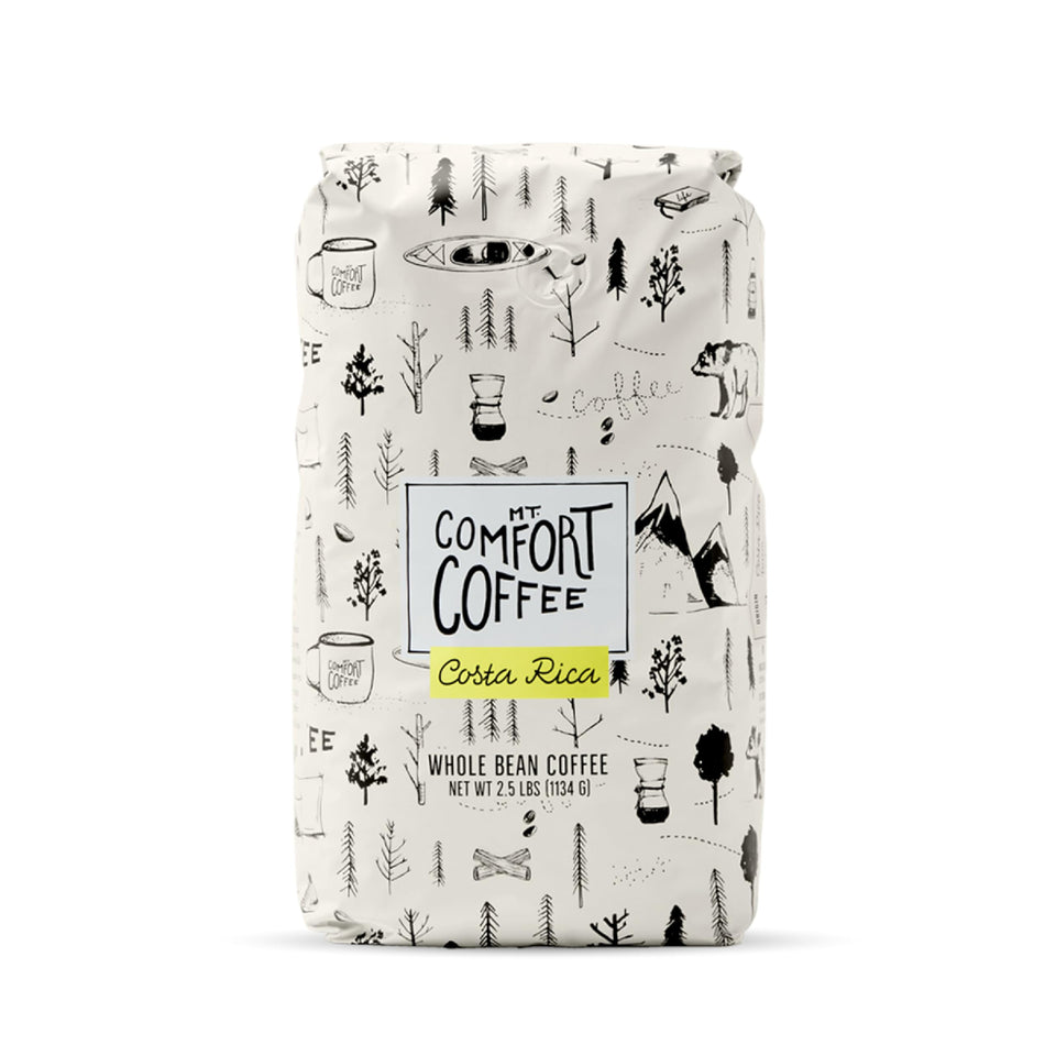 Mt. Comfort Coffee Costa Rica Medium Roast whole bean bag on kitchen counter for a fresh morning ritual