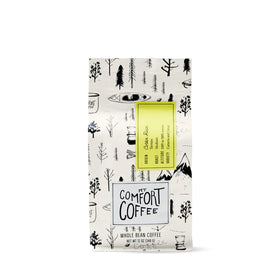 Mt. Comfort Coffee Costa Rica medium roast whole beans in bag, rich aroma ready for brewing.