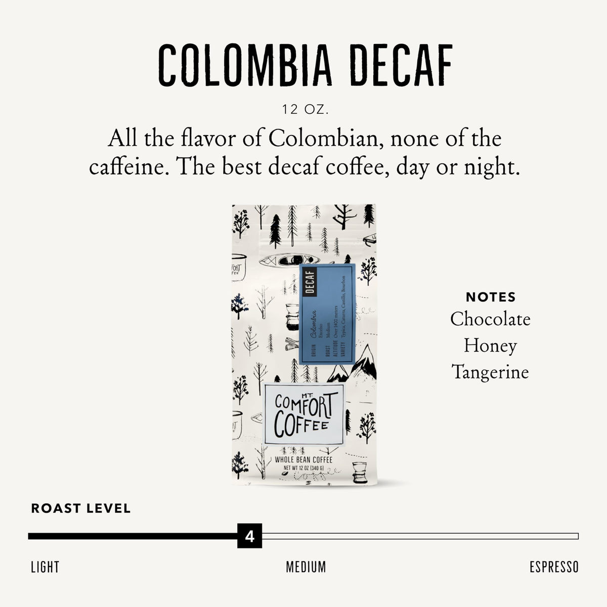 Mt. Comfort Coffee Decaf Colombia beans close-up with rich aroma and glossy surface.