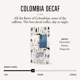 Mt. Comfort Coffee Decaf Colombia beans close-up with rich aroma and glossy surface.