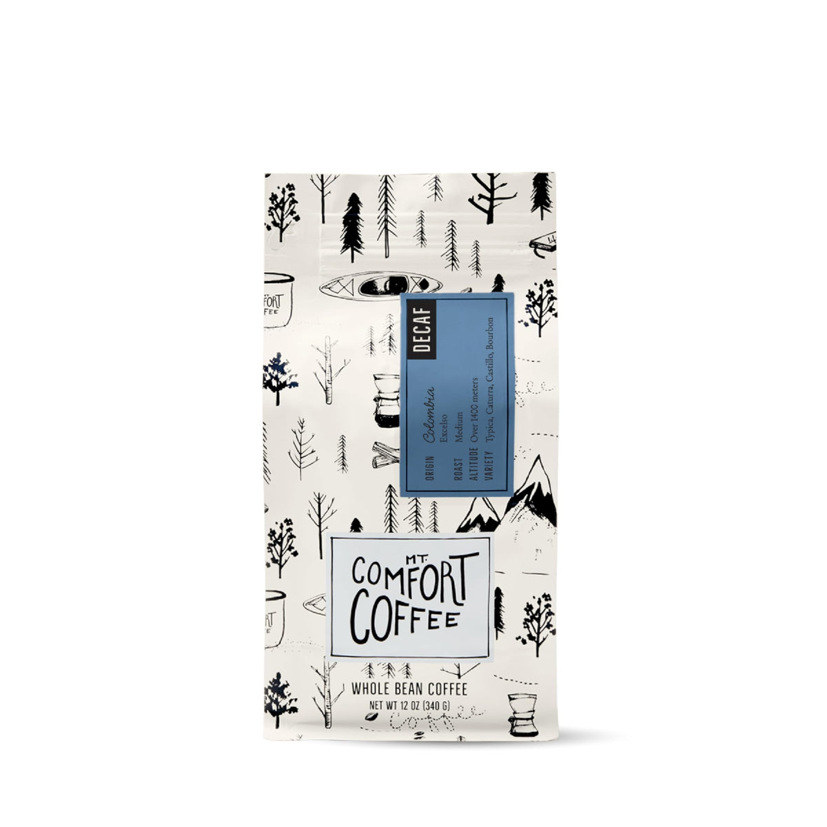Mt. Comfort Coffee Decaf Colombia bag highlighting premium origin from small farms.